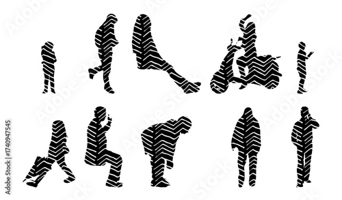 Vector illustration, Outline silhouettes of people, Contour drawing, people silhouette, Icon Set Isolated , Silhouette of sitting people, Architectural set