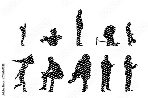Vector illustration, Outline silhouettes of people, Contour drawing, people silhouette, Icon Set Isolated , Silhouette of sitting people, Architectural set