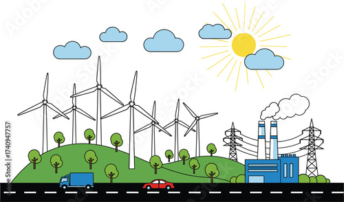 Sustainable energy landscape with wind turbines, solar sun, power plant, electricity transmission, clean energy technology, renewable resources, eco-