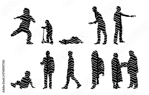 Vector illustration, Outline silhouettes of people, Contour drawing, people silhouette, Icon Set Isolated , Silhouette of sitting people, Architectural set