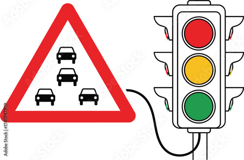 Traffic light and road warning sign illustration, red yellow green signal, cars congestion icon, urban driving rules, transportation safety vector, traffic control symbol