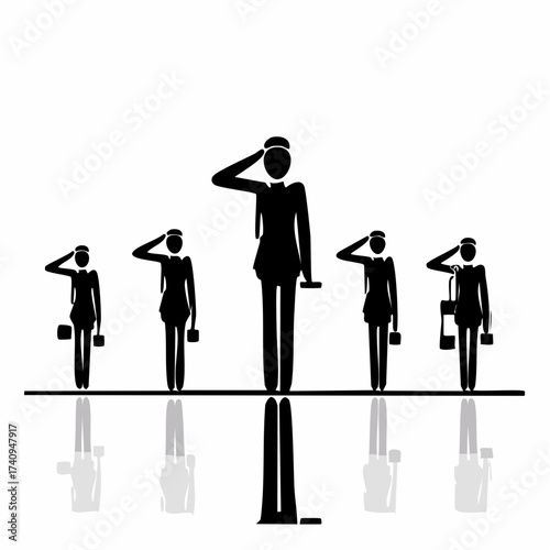 Salute of Leadership: A symbolic illustration depicting a leader standing tall, saluted by team members, with reflection below. the scene captures respect and honor