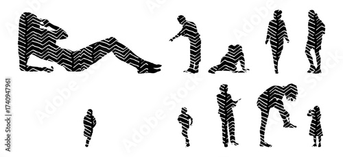 Vector illustration, Outline silhouettes of people, Contour drawing, people silhouette, Icon Set Isolated , Silhouette of sitting people, Architectural set