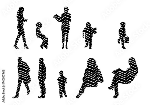 Vector illustration, Outline silhouettes of people, Contour drawing, people silhouette, Icon Set Isolated , Silhouette of sitting people, Architectural set
