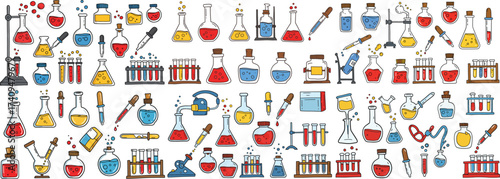 A colorful collection of hand-drawn lab equipment and chemicals in various glassware.