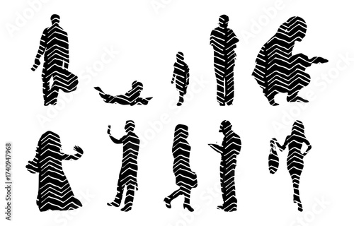 Vector illustration, Outline silhouettes of people, Contour drawing, people silhouette, Icon Set Isolated , Silhouette of sitting people, Architectural set