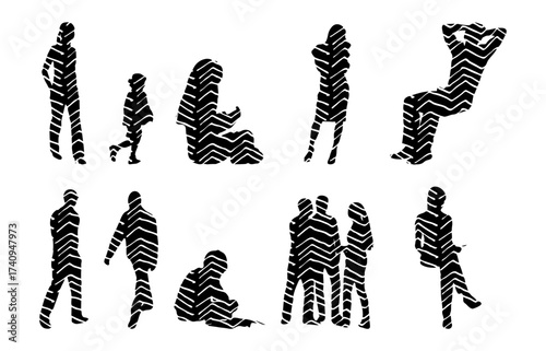 Vector illustration, Outline silhouettes of people, Contour drawing, people silhouette, Icon Set Isolated , Silhouette of sitting people, Architectural set