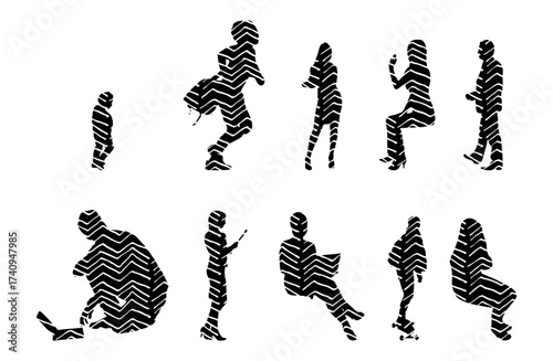 Vector illustration, Outline silhouettes of people, Contour drawing, people silhouette, Icon Set Isolated , Silhouette of sitting people, Architectural set