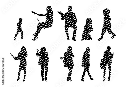 Vector illustration, Outline silhouettes of people, Contour drawing, people silhouette, Icon Set Isolated , Silhouette of sitting people, Architectural set