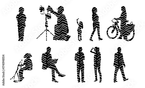 Vector illustration, Outline silhouettes of people, Contour drawing, people silhouette, Icon Set Isolated , Silhouette of sitting people, Architectural set