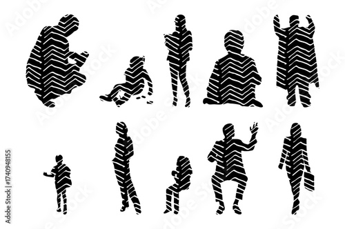 Vector illustration, Outline silhouettes of people, Contour drawing, people silhouette, Icon Set Isolated , Silhouette of sitting people, Architectural set