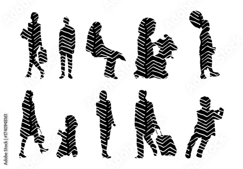 Vector illustration, Outline silhouettes of people, Contour drawing, people silhouette, Icon Set Isolated , Silhouette of sitting people, Architectural set
