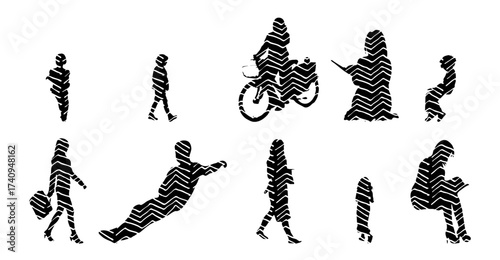 Vector illustration, Outline silhouettes of people, Contour drawing, people silhouette, Icon Set Isolated , Silhouette of sitting people, Architectural set