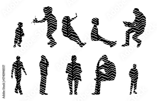 Vector illustration, Outline silhouettes of people, Contour drawing, people silhouette, Icon Set Isolated , Silhouette of sitting people, Architectural set