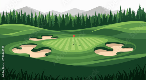 Vibrant Golf Course Green with Flag and Sand Bunkers, Surrounded by Majestic Pine Forests and Distant Mountains - A Perfect Sportive Landscape Illustration