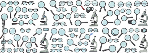 A collection of various optical instruments including magnifying glasses, eyeglasses, and microscopes.