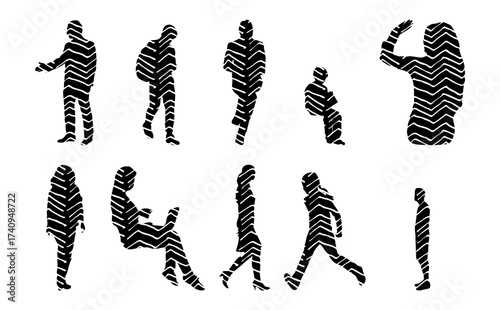 Vector illustration, Outline silhouettes of people, Contour drawing, people silhouette, Icon Set Isolated , Silhouette of sitting people, Architectural set