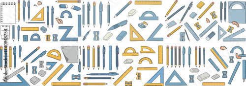 An organized flat lay of various stationery items, ideal for school or office use.
