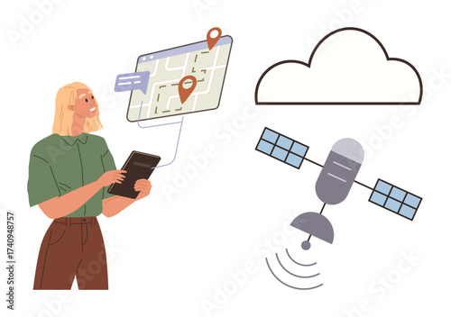 Woman holding tablet, map on screen with location pins, satellite emitting signals, and cloud. Ideal for navigation, GPS, technology, data sharing connectivity geolocation communication. Simple