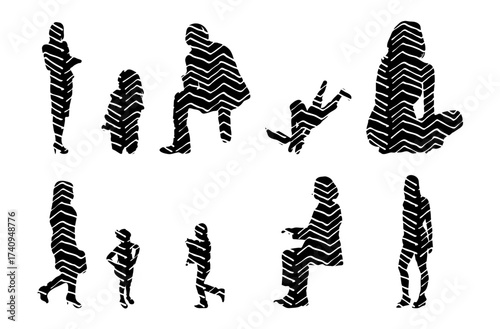 Vector illustration, Outline silhouettes of people, Contour drawing, people silhouette, Icon Set Isolated , Silhouette of sitting people, Architectural set