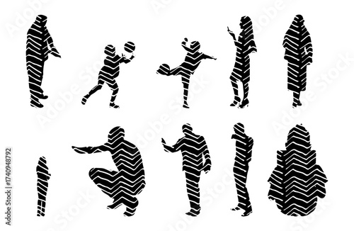 Vector illustration, Outline silhouettes of people, Contour drawing, people silhouette, Icon Set Isolated , Silhouette of sitting people, Architectural set