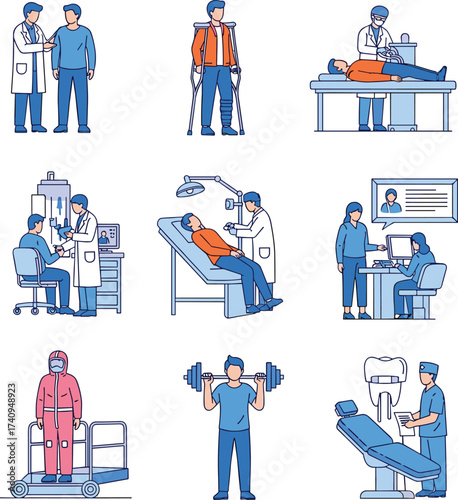 Medical healthcare illustration set with doctors, patients, hospital treatment, diagnostics, consultation, rehabilitation, dentistry, telemedicine, 