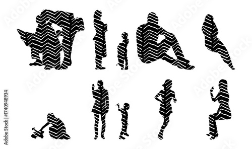Vector illustration, Outline silhouettes of people, Contour drawing, people silhouette, Icon Set Isolated , Silhouette of sitting people, Architectural set