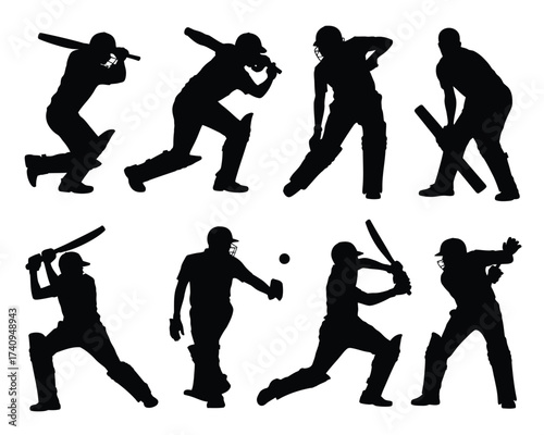 Eight diverse black silhouette vector illustrations of cricket players in action poses silhouette vector illustration white background