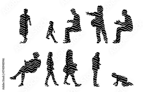 Vector illustration, Outline silhouettes of people, Contour drawing, people silhouette, Icon Set Isolated , Silhouette of sitting people, Architectural set