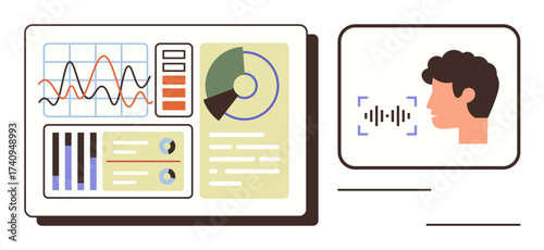Analytics interface displaying graphs, pie chart, and metrics beside voice recognition profile. Ideal for technology, AI, data processing, speech analytics, communication, research and automation
