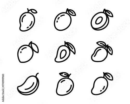 Set of nine hand-drawn mango icons vector graphics scalable illustration eps fruit collection silhouette vector illustration white background