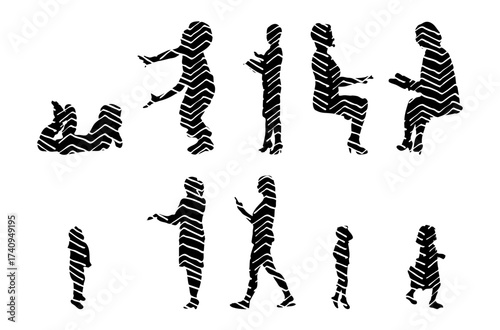 Vector illustration, Outline silhouettes of people, Contour drawing, people silhouette, Icon Set Isolated , Silhouette of sitting people, Architectural set