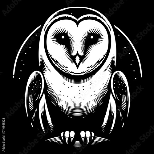 A striking barn owl with its distinctive heartshaped face and piercing eyes, the owl is depicted in a bold, graphic style, emphasizing its unique features and nocturnal nature