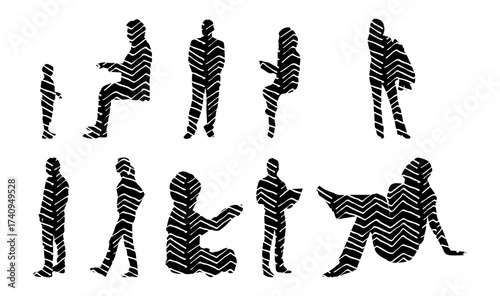 Vector illustration, Outline silhouettes of people, Contour drawing, people silhouette, Icon Set Isolated , Silhouette of sitting people, Architectural set