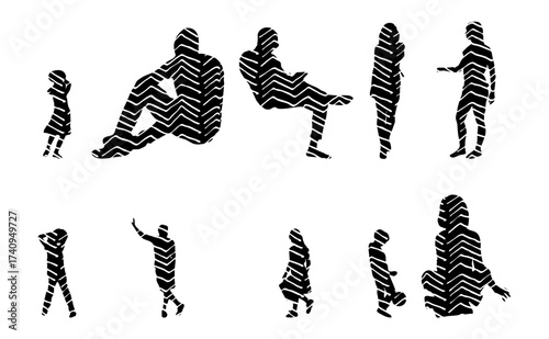 Vector illustration, Outline silhouettes of people, Contour drawing, people silhouette, Icon Set Isolated , Silhouette of sitting people, Architectural set