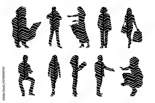 Vector illustration, Outline silhouettes of people, Contour drawing, people silhouette, Icon Set Isolated , Silhouette of sitting people, Architectural set