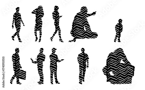 Vector illustration, Outline silhouettes of people, Contour drawing, people silhouette, Icon Set Isolated , Silhouette of sitting people, Architectural set