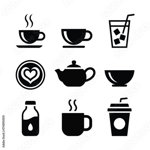 Set of 9 minimalist black and white icons for coffee tea drinks and beverages vector illustration scalable eps silhouette vector illustration white background