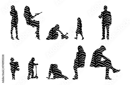 Vector illustration, Outline silhouettes of people, Contour drawing, people silhouette, Icon Set Isolated , Silhouette of sitting people, Architectural set