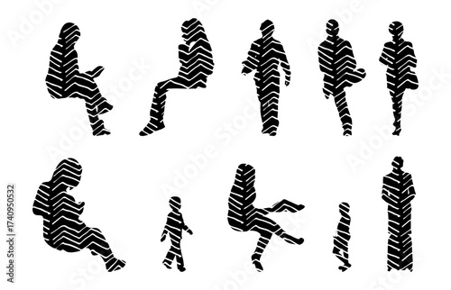 Vector illustration, Outline silhouettes of people, Contour drawing, people silhouette, Icon Set Isolated , Silhouette of sitting people, Architectural set