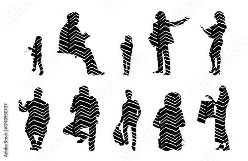 Vector illustration, Outline silhouettes of people, Contour drawing, people silhouette, Icon Set Isolated , Silhouette of sitting people, Architectural set
