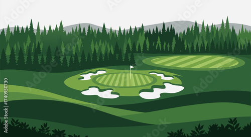Scenic golf course illustration with lush green fairways, sand bunkers, and a backdrop of dense forest and majestic mountains, ideal for nature and sports-related designs