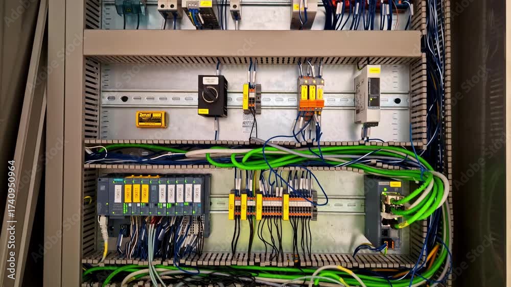 Panel Board Inside Closeup of electric circuit board inside control panel with labeled ...