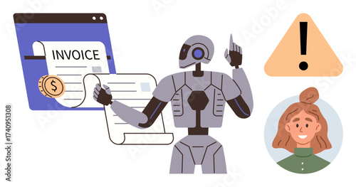 Robot reviewing digital invoices with dollar coin, exclamation mark for caution, and user avatar. Ideal for automation, finance, AI, technology, security business efficiency. Simple flat metaphor