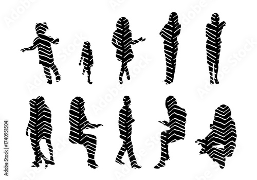 Vector illustration, Outline silhouettes of people, Contour drawing, people silhouette, Icon Set Isolated , Silhouette of sitting people, Architectural set