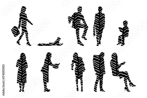 Vector illustration, Outline silhouettes of people, Contour drawing, people silhouette, Icon Set Isolated , Silhouette of sitting people, Architectural set