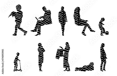 Vector illustration, Outline silhouettes of people, Contour drawing, people silhouette, Icon Set Isolated , Silhouette of sitting people, Architectural set