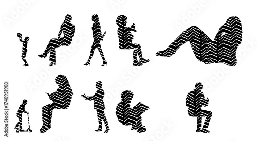 Vector illustration, Outline silhouettes of people, Contour drawing, people silhouette, Icon Set Isolated , Silhouette of sitting people, Architectural set