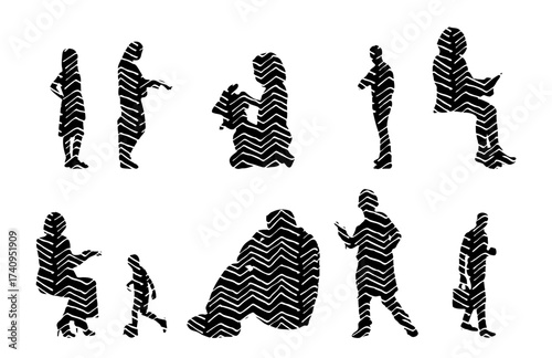 Vector illustration, Outline silhouettes of people, Contour drawing, people silhouette, Icon Set Isolated , Silhouette of sitting people, Architectural set