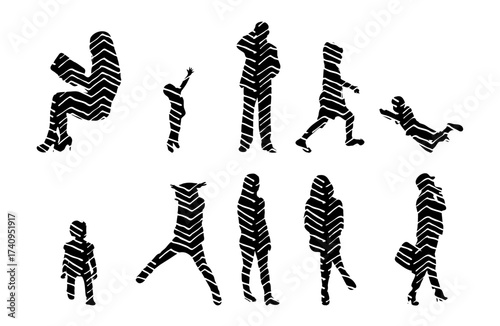 Vector illustration, Outline silhouettes of people, Contour drawing, people silhouette, Icon Set Isolated , Silhouette of sitting people, Architectural set